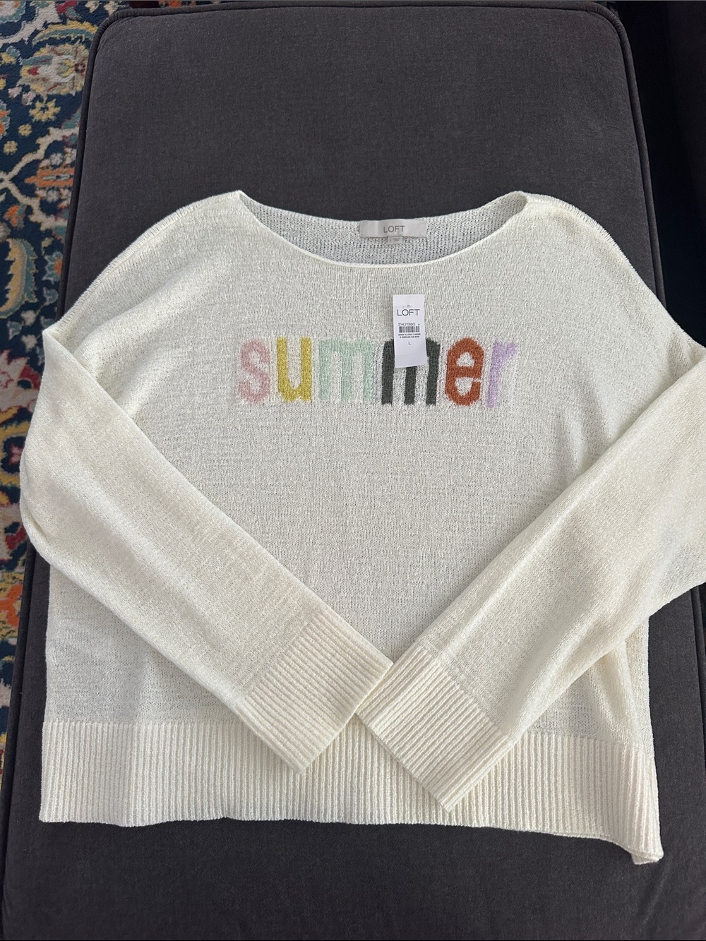 LOFT Cream Knit Sweater with Multicolor 'summer' Embroidery
